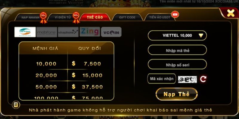 Nạp tiền bằng thẻ cào